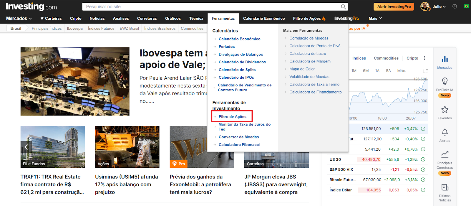 Acesso à página do filtro de ações de Investing.com