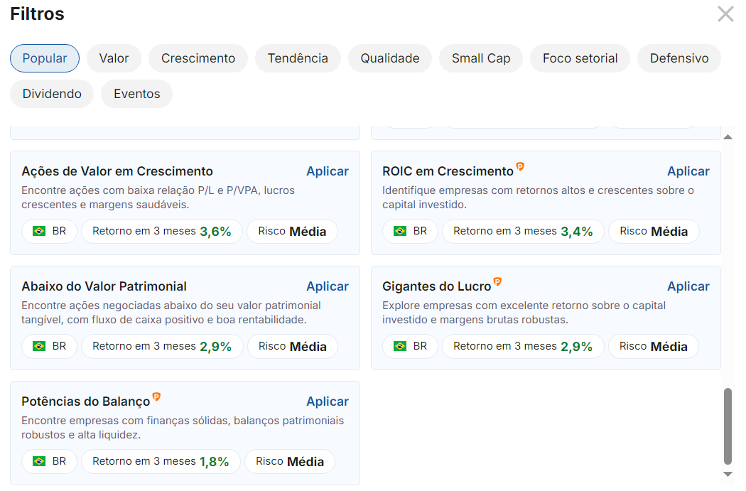 Filtro de ações do Investing.com
