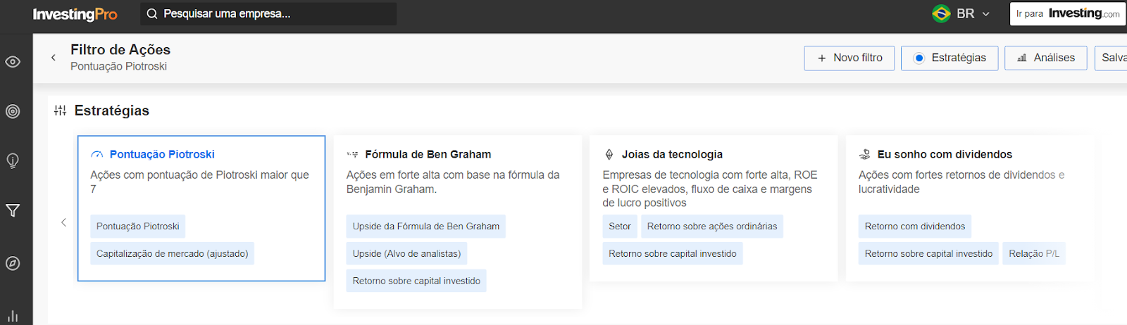 Filtros do InvestingPro
