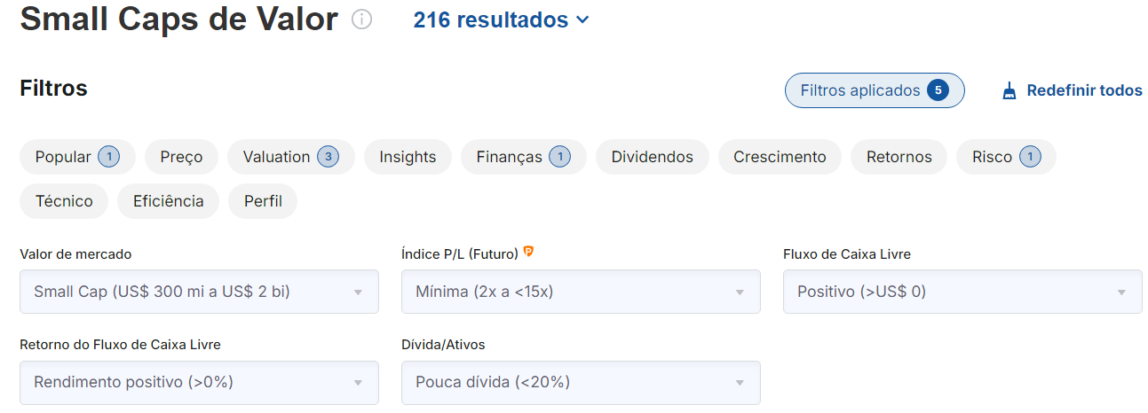 Filtro de ações do Investing.com