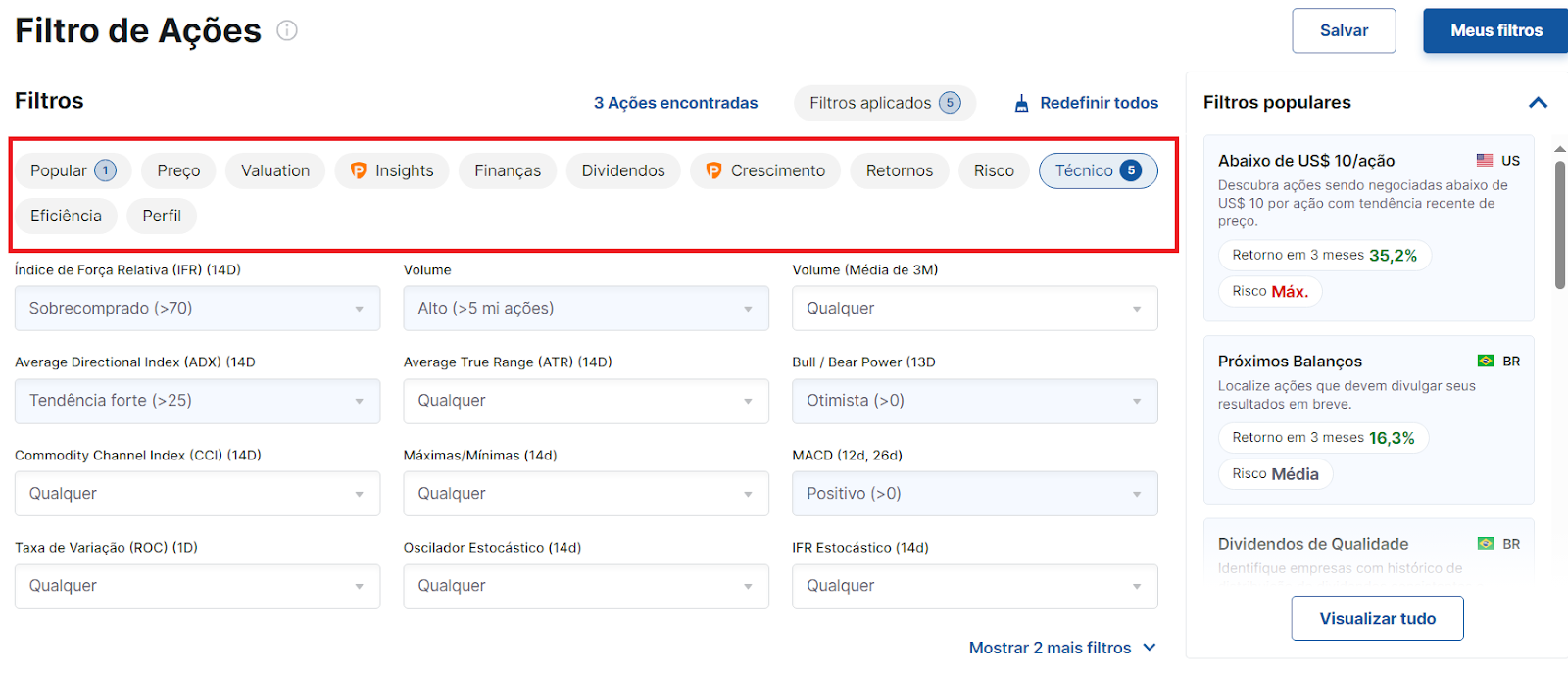 Personalização do filtro de ações predefinido com critérios técnicos