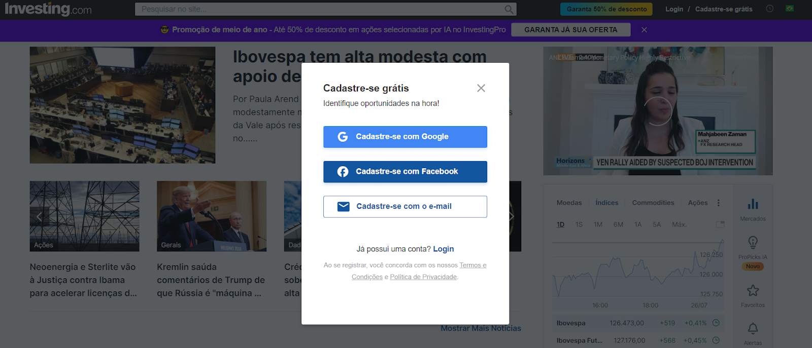 Tela de login do Investing.com