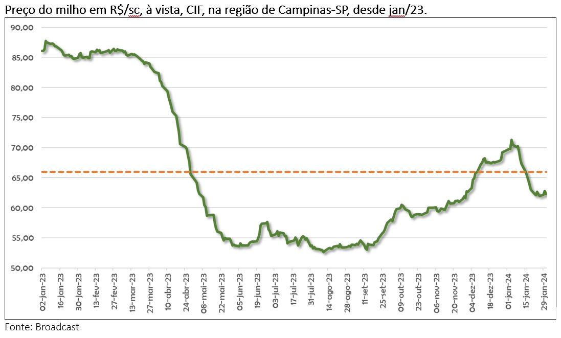 Preço do milho em R$/sc, à vista, CIF, na região de Campinas-SP, desde jan/23.