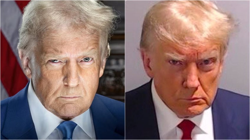 Na imagem acima, o retrato oficial de Trump em seu 2º mandato (à esq.) e a 