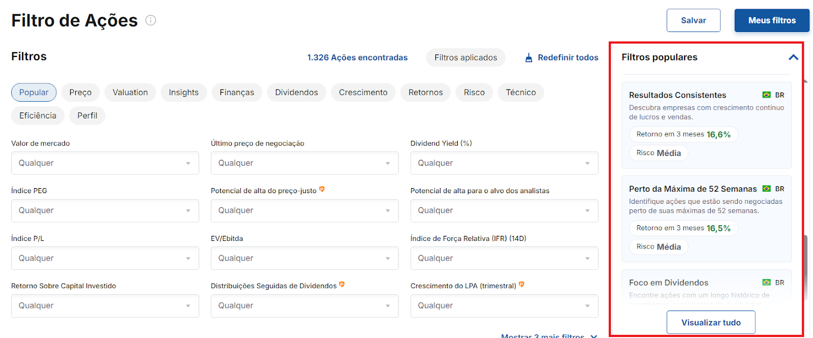 Seleção do filtro de ações predefinido do Investing.com