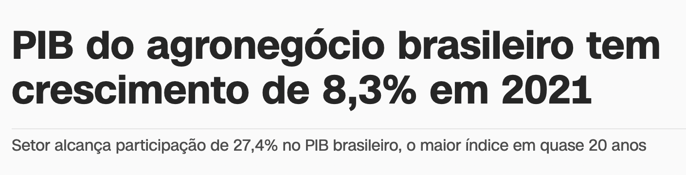 Notícia PIB agronegócio e participação no PIB brasileiro.