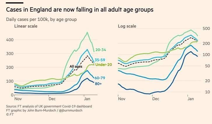 Pode ser uma imagem de texto que diz "Cases in England are now falling in all adult age groups Daily cases per 100k, by age group Linear scale 400 Log scale 300 200 500 20-34 All ages 35-59 Under-20 100 200 100 60-79 80+ Nov 50 Dec Jan Source: FT analysis UK government Covid-19 dashboard FT graphic by John Burn-Murdoch/ @jburnmurdoch OFT 20 Nov Dec 10 Jan"