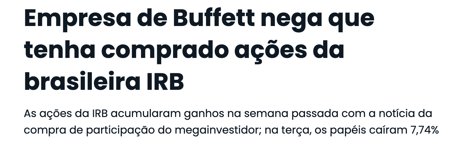 Manchete da Exame: "Empresa de Buffett nega que tenha comprado ações da brasileira IRB"