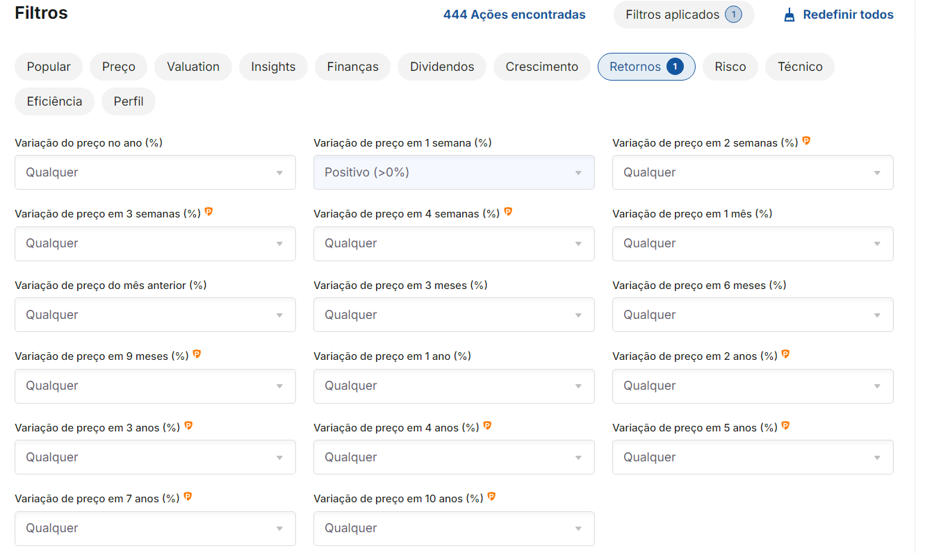 Filtro de ações do InvestingPro