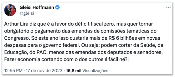 Gleisi reclama de contradição de Lira sobre meta fiscal