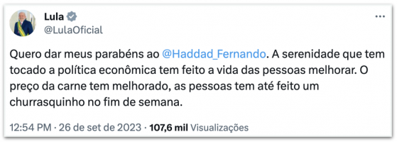 Lula dá parabéns a Haddad por trabalho na Fazenda