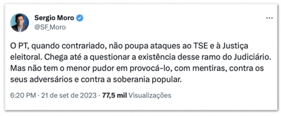 PT ataca a soberania popular, diz Moro sobre fala de Gleisi