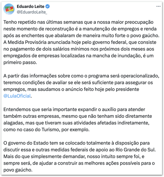 Leite quer expandir auxílio a empresas afetadas indiretamente no RS