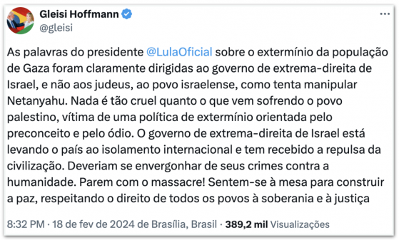 Governistas defendem Lula por comparar israelenses a Hitler