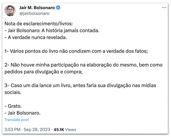 Bolsonaro diz que livros sobre sua vida “não condizem com a verdade”