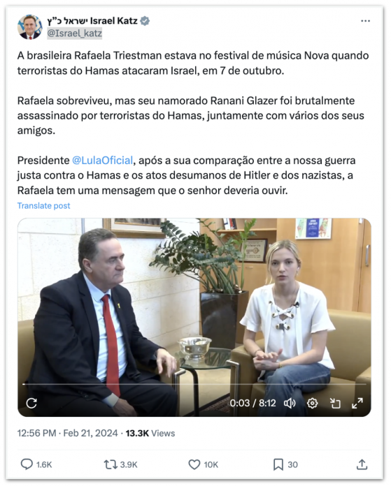 Chanceler de Israel posta vídeo com brasileira sobrevivente do 7 de Outubro