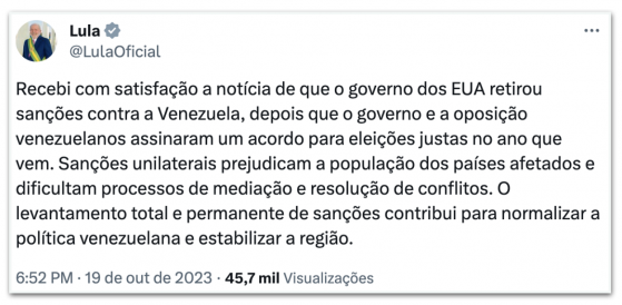 Sanções prejudicam a população, diz Lula sobre EUA e Venezuela