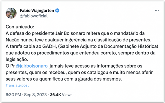 Bolsonaro não influenciou classificação de presentes, diz Wajngarten