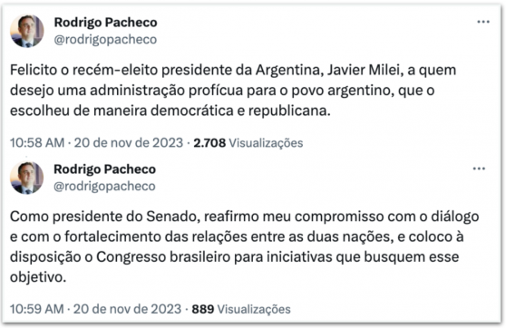 Pacheco dá parabéns a Milei por vitória na Argentina