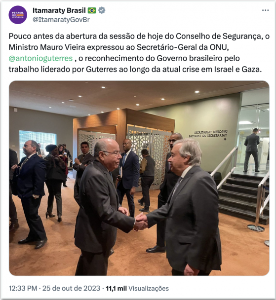 Após crise entre ONU e Israel, Itamaraty demonstra apoio à Guterres