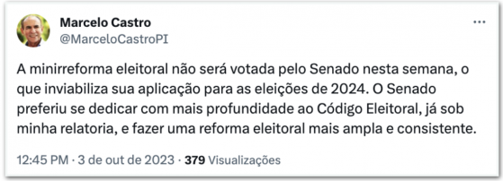 Senado adia votação da reforma eleitoral e regras não valerão em 2024