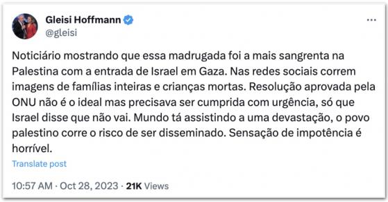 Gleisi critica Israel por não cumprir resolução da ONU