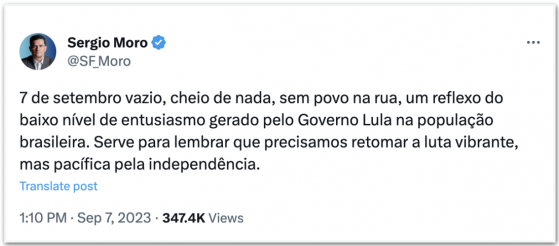 Cheio de nada e sem povo na rua, diz Moro sobre 7 de Setembro