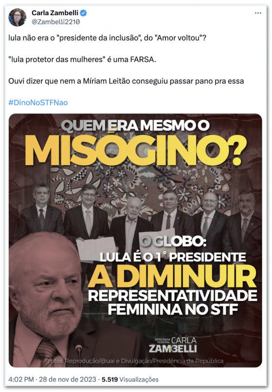 “Lula protetor das mulheres é uma farsa”, diz Carla Zambelli