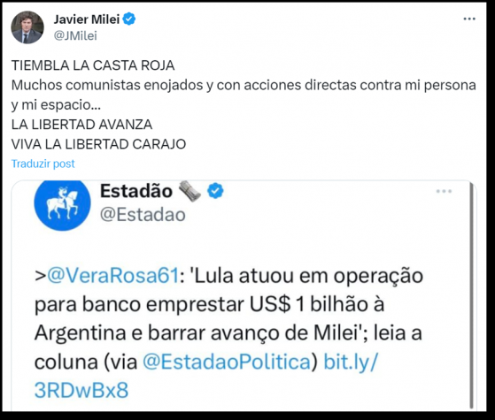 Milei diz que Lula atua para minar sua candidatura na Argentina