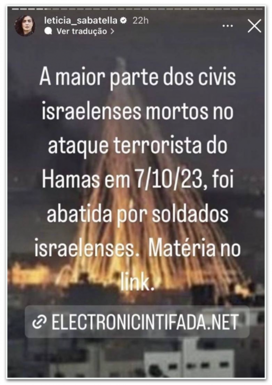 Letícia Sabatella diz que Israel matou civis israelenses em 7 de outubro