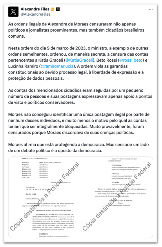 Moraes tentou “censurar cidadãos brasileiros comuns”, diz X