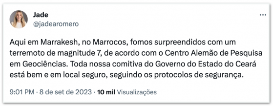 Vice-governadora do Ceará estava no Marrocos durante terremoto