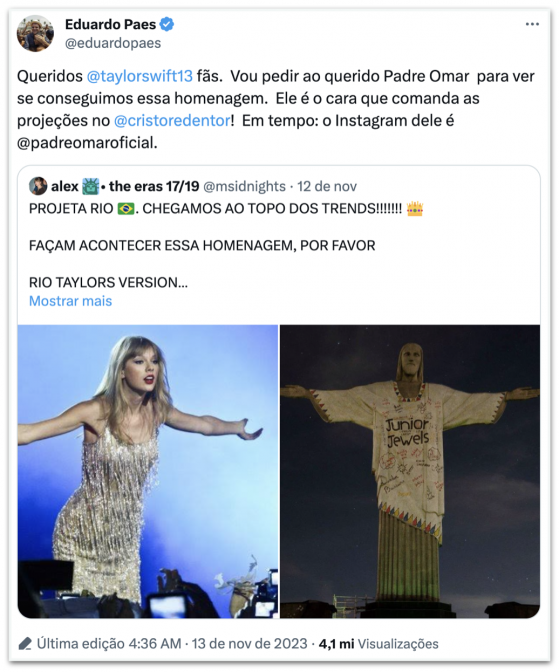 Cristo Redentor terá homenagem à Taylor Swift, diz Eduardo Paes