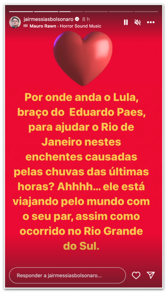 Bolsonaro critica Lula por não visitar o RJ após fortes chuvas