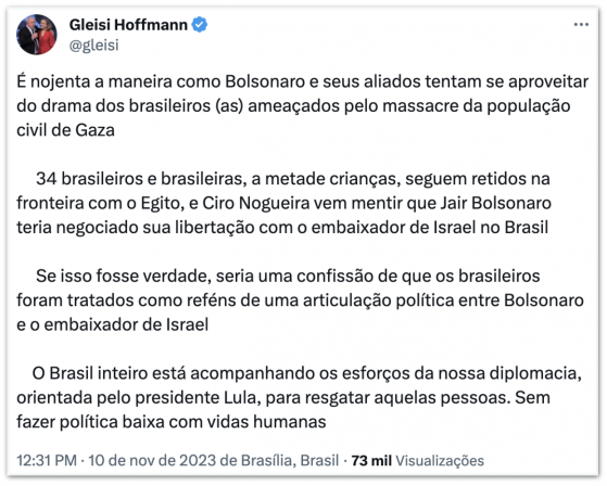 PT critica Bolsonaro por atribuir a si saída de brasileiros em Gaza