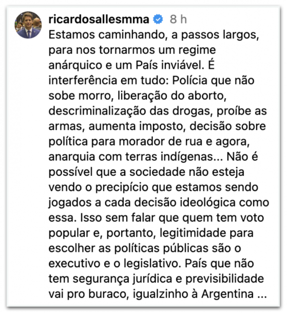 Salles critica STF por marco temporal e fala em “regime anárquico”