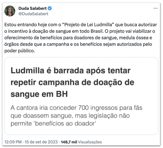 Duda Salabert diz que apresentará PL com nome da cantora Ludmilla