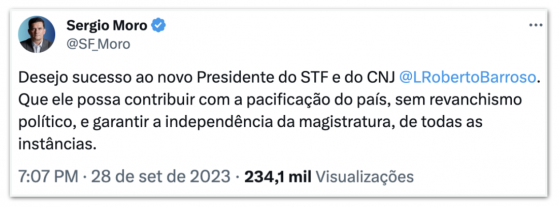 “Sem revanchismo político”, diz Moro em mensagem a Barroso