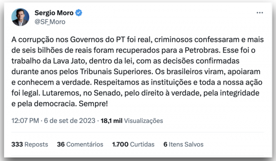 Corrupção nos governos do PT foi real, diz Sergio Moro