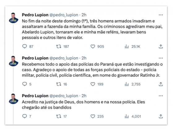 Lupion diz que fazenda da família foi invadida no domingo