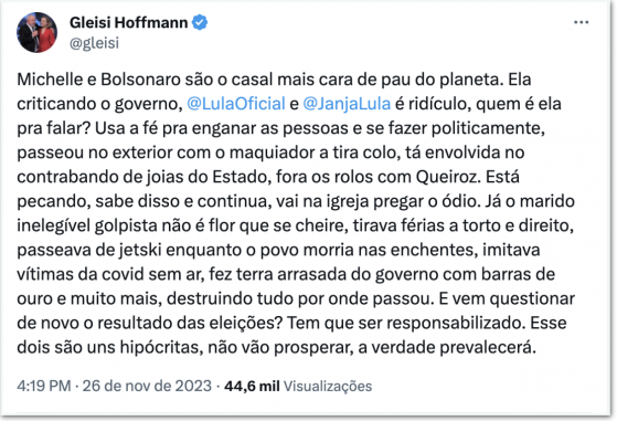 “Casal mais cara de pau”, diz Gleisi sobre Michelle e Bolsonaro