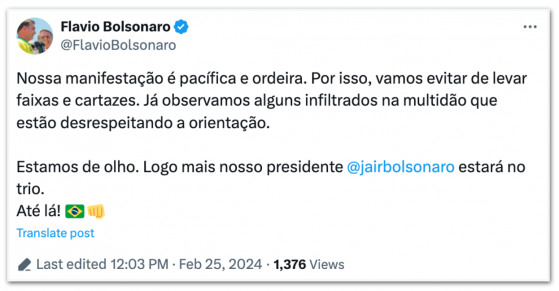 Há infiltrados desrespeitando nosso ato pacífico, diz Flávio Bolsonaro