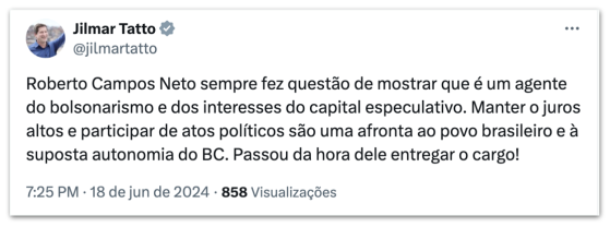 Deputado petista diz que “passou da hora” de Campos Neto renunciar