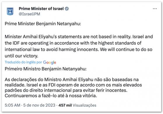 Netanyahu suspende ministro que sugeriu uso de bomba atômica em Gaza