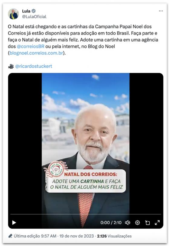 Campanha de Natal dos Correios é sagrada para mais pobres, diz Lula