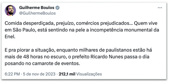 Boulos critica Nunes por ida a eventos durante blecaute em SP