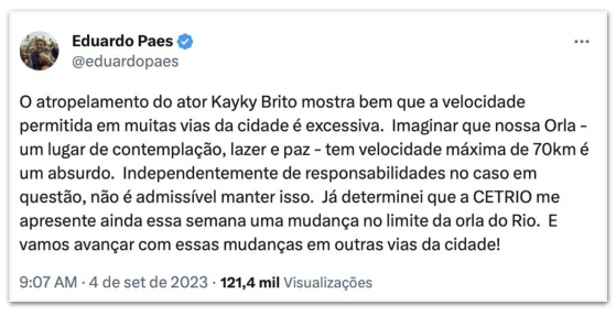 Paes fala em diminuir velocidade na orla após caso Kayky Brito