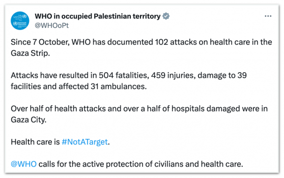 OMS fala em 102 ataques a centros de saúde na Faixa de Gaza