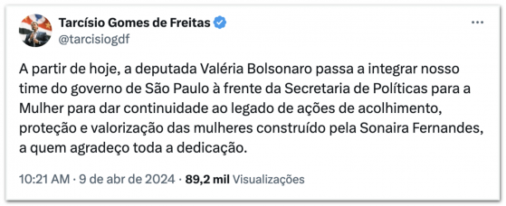 Tarcísio indica mulher de primo de Bolsonaro para secretaria em SP