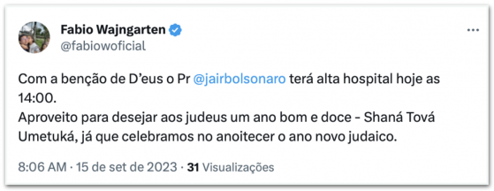 Bolsonaro terá alta às 14h desta 6ª feira, diz Wajngarten